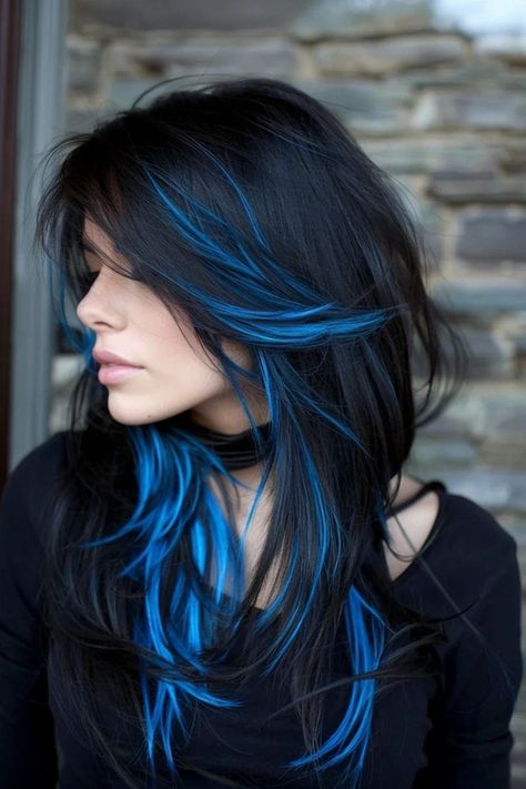 Female Hair Color Ideas, New Trending Hair Colors, Blue Frosted Tips Hair, Black And Blue Hairstyles, Unique Hair Ideas Color, Cool Hair Colors For Short Hair, Brown Blonde And Blue Hair, Creative Hair Dye Ideas, Layered Blue Hair