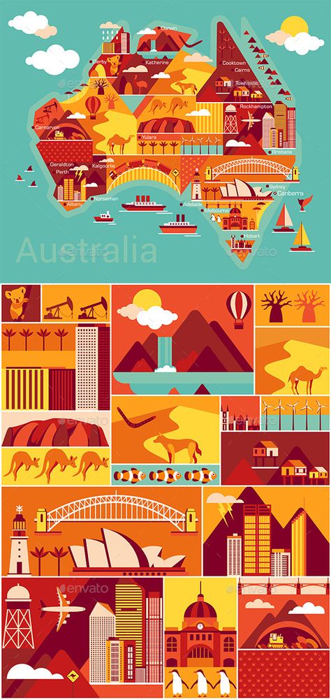 Australia Map Australia Vector Illustration, Australia Map Illustration, Australia Scrapbook, Australia Illustration, Australia School, Map Australia, Animal Vector Illustration, Australia Tattoo, Australia Poster