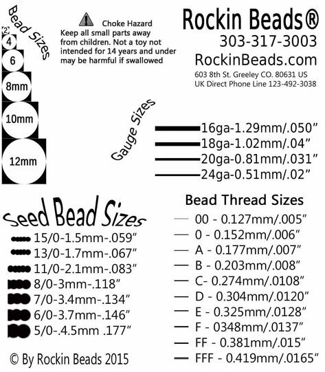 There are many different seed beads and small beads being used in Jewelry, Marking, Weaving and Knitting.  Knowing there size there hole size and how to use them is essential when buying beads on line as I have time I will try to add more information on each of the bead types so please check in as I build this and share. The picture is of a card we include with all our orders if you print it out you will need to resize it to 3.5 inches wide JoAnn from Rockinbeads.com Bead Types Chart, Seed Bead Size Chart, Waist Beads Size Chart, Bead Sizes Chart, Beads Size Chart, Bead Types, Paper Beads Diy, Thread Size Chart, Bead Size Chart