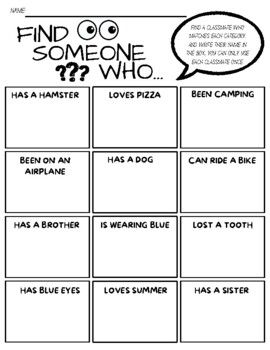 Build classroom community with this FIND SOMEONE WHO game/activity! Instructions read: FIND A CLASSMATE WHO MATCHES EACH CATEGORY, AND WRITE THEIR NAME IN THE BOX.. YOU CAN ONLY USE EACH CLASSMATE ONCE.This is a great way for students to get to know each other, while also practicing writing, communication, and critical thinking skills.Enjoy! Please feel free to rate & leave a comment :) Community Builder Activities, Get To Know Each Other Games For Kids, Getting To Know You Activities For Teens, Schoolers Activities, Fun Activities For Teens, Fun Friday Activities, Find Someone Who Game, Sentences Kindergarten, Elementary Games