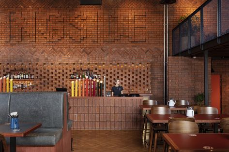 Red Brick Interior, Warehouse Restaurant, Brick Bar, Upholstered Banquette, Factory Interior, Brewery Design, Monkey Bar, Restaurant Bar Design, Bar Design Awards