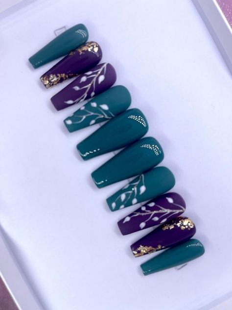 IVY | Purple Teal Press On Nails | Gold Foil Nails | White Dainty Leave Press On Nails#Nail #nailcolor #nailpolish Teal And Rose Gold Nails, Purple Green Gold Nails, Dark Green And Purple Nails, Custom Press On Nail Designs, Purple And Teal Nails Designs, Purple And Green Nails Acrylic, Teal Nails With Design, New Orleans Nails, Dark Teal Nails Designs