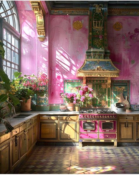 Fairy Tale Kitchen, Fairytale Home Interior, Sea Kitchen, Fairytale Home, Vintage Modern Bathroom, Gehry Architecture, Colored Walls, Pink Planet, Whimsical Kitchen