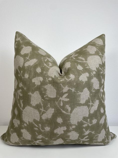 PRICES MAY VARY. 100% Linen Our Sage pillow cover features a creamy-beige floral pattern on a sage-green background on super soft linen. All our pillows are handmade with intricate hand block printing on 100% organic linen front and 100% organic cotton duck-canvas reverse. Inserts not included; recommend going up 2" for a full look (eg, 20x20 cover fits a 22x22 insert perfectly). DRY CLEAN only; iron at medium setting if necessary. Slight variations and small imperfections that comes with handma Forest Green Pillows Living Rooms, Beige Couch Green Pillows, King Bed Decorative Pillows, Dark Green Throw Pillows, Cozy Pillows Couch, Studio Mcgee Pillow Combinations, Transitional Throw Pillows, Printed Pillow Covers, Bedding Throw Pillows