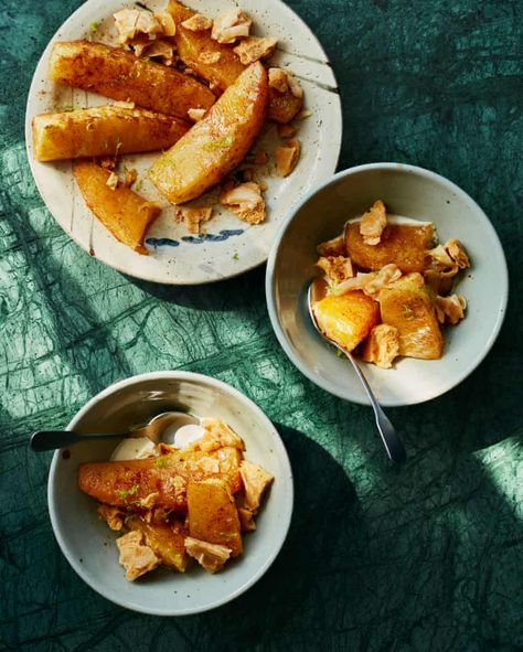 Benjamina Ebuehi’s roast pineapple with coconut brittle | Dessert | The Guardian Roast Pineapple, Coconut Brittle, Caramelized Fruit, Pineapple Syrup, Roasted Pineapple, Fruit Recipes, Sugar And Spice, Salted Butter, Food Styling