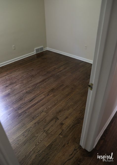 Refinished Hardwood Floors with Dark Walnut Stain and Satin Poly Finish Rugs For Walnut Floors, Dark Walnut Floors, Dark Stained Wood Floors, Hardwood Floor Stain Colors, Oak Floor Stains, Floor Stain Colors, Wood Floor Stain Colors, Refinished Hardwood Floors, Walnut Wood Floors