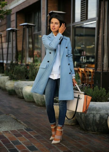 How To Wear a Trench Coat | StyleCaster Turquoise Trench Coat Outfit, Sky Blue Trench Coat Outfit, Blue Trench Coat Outfit, Family Photo Outfits Winter, Polished Casual, Blue Trench Coat, Coat Outfit, Blue Coat, Family Photo Outfits