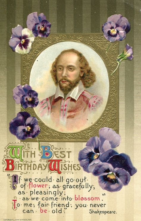 Vintage Embossed Birthday Wishes Postcard - Shakespeare c 1900 Printed in Germany Shakespeare Birthday, Wish Happy Birthday, Poet Quotes, Birthday Cake Card, Birthday Poems, Vintage Birthday Cards, Birthday Postcards, Happy Birthday Baby, Postcard Art