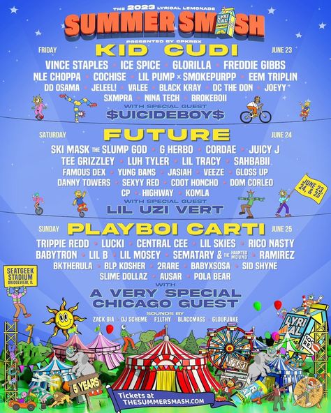 Summer Smash 2023 feat. Kid Cudi, Future, Playboi Carti Summer Smash Festival, Summer Smash, Hip Hop Festival, Lyrical Lemonade, Famous Dex, Freddie Gibbs, G Herbo, Vince Staples, Juicy J