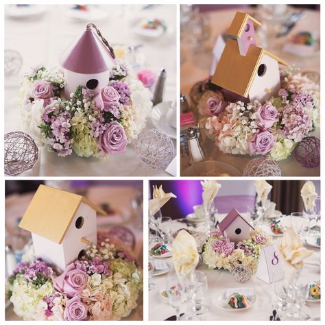 DIY birdhouse wedding centerpieces & wicker balls (picture only; birdhouses from Michael's/Joann) Birdhouse Centerpiece, Birdhouse In Your Soul, Bird Themed Wedding, Diy Birdhouse, Bird Baby Shower, Bird Houses Diy, Centerpiece Ideas, Wedding Table Centerpieces, Memorial Service