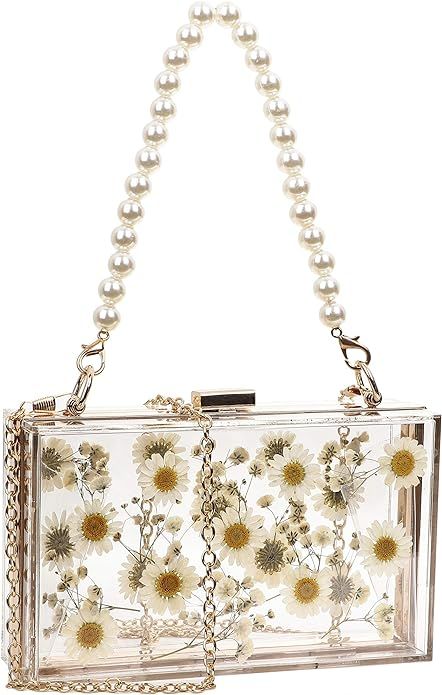 YUSHINY Women Acrylic Clear Clutch Transparent Purse True Flower Inlay with Removable Pearl Strap (Daisy): Handbags: Amazon.com Transparent Purse, Acrylic Purse, Pearl Purse, Clear Clutch, Clear Purses, Acrylic Clutch, Chic Bags, Clutch Purse, Evening Bags