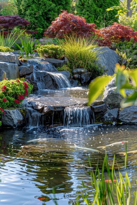 Are you dreaming of a peaceful oasis in your backyard? Check out these stunning koi pond waterfall inspirations! Transform your space into a serene escape that combines the soothing sound of flowing water and the beauty of koi fish. Whether you're after a sleek modern design or a natural rock waterfall, there’s something for everyone. Add lush greenery and ambient lighting for that perfect serene atmosphere. Let’s create a backyard haven where you can relax and enjoy nature every day. Natural Pond Ideas, Backyard Pond Landscaping, Pond Waterfall Ideas, Backyard Streams, Koi Pond Waterfall, Pond With Waterfall, Backyard Stream, Waterfall Pond, Landscape Waterfall