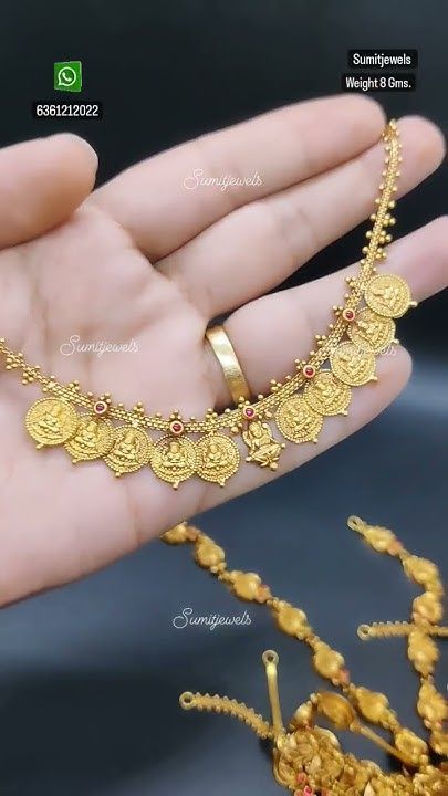 👌Only 8 Grams Lakshmi Kasu Gold Necklace 🪙 #goldjewellerydesigns #like #... Kasu Sara Gold, 8grams Gold Chain, Baby Necklace Gold Indian, 8grams Gold Necklace, Pearl Haram Designs Gold, Pearl Necklace Designs Gold Indian, Kasu Necklace Designs, Gold Kasulaperu Designs, Kaasu Mala Gold Haram