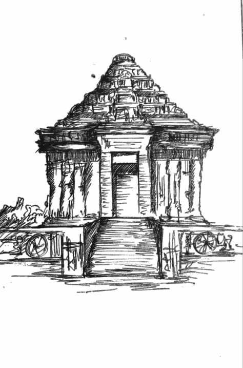 Konark Sun Temple Drawing, Temple Sketch, Konark Temple, Sun Temple, Temple Drawing, Temple Ruins, Building Illustration, Sketches Easy, Ancient Ruins