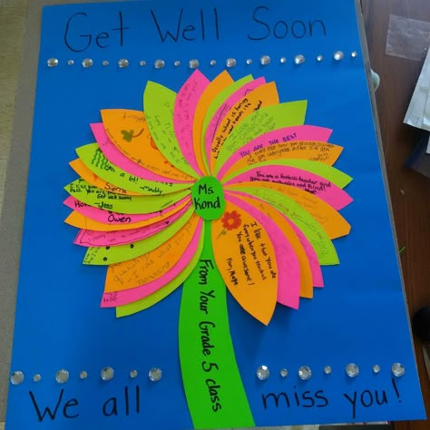 Get well soon or thank you card idea for a teacher from the class Class Get Well Soon Card, Teacher Get Well Card, Get Well Soon Class Project, Get Well Soon For Teacher, Class Thank You Card, Teacher Leaving Card From Kids, Get Well Soon Cards From Kids, Card Ideas For Teachers, Teacher Birthday Card