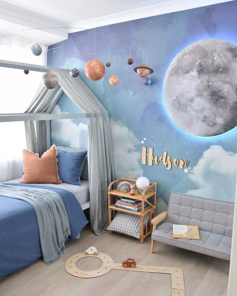 15 Beautiful Blue Rooms Light Blue Kids Room, Daisy Room, Blue Kids Room, Space Themed Bedroom, Space Themed Room, Themed Kids Room, Kids Interior Design, Toddler Boys Room, Kids Bedroom Designs