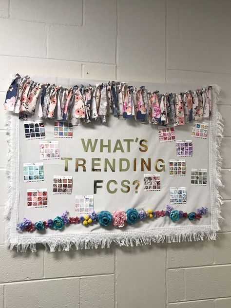 Family and Consumer Science Bulletin Board Fashion Bulletin Board, Home Economics Classroom Design, Fcs Bulletin Boards, Family And Consumer Science Bulletin Boards, Family Consumer Science Classroom Decor, Family And Consumer Science Bulletin, Fcs Bulletin Boards High School, Fcs Activities, Facs Bulletin Board