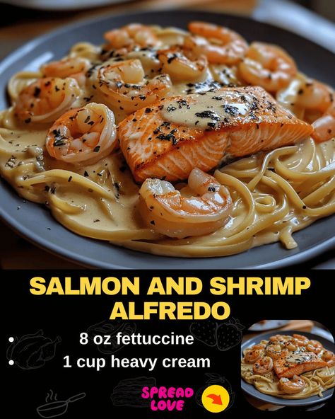 Salmon and Shrimp Alfredo Seafood Alfredo Pasta, Salmon And Shrimp Alfredo, Salmon Alfredo Pasta, Salmon Alfredo, Shrimp And Sausage Jambalaya, Beef Tips And Noodles, Seafood Alfredo, Jambalaya Pasta, Mexican Casserole Recipe