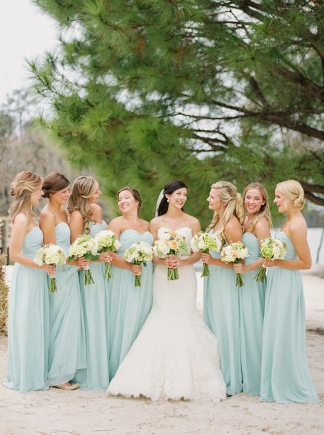 Photography: JoPhoto - www.jophotoonline.com Bridesmaid Dress Color Schemes, Bridesmaid Color Scheme, Dresses Fairy, Rustic Bridesmaid Dresses, Rustic Spring Wedding, Bridesmaids Spring, Rustic Bridesmaids, Spring Bridesmaid Dresses, Aquamarine Wedding