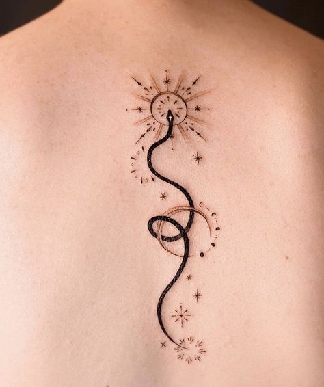 9 Lives Tattoo, Horizontal Arm Tattoos For Women, Star Snake Tattoo, Snake And Planets Tattoo, Snake Tatoos Woman, Snake Uterus Tattoo, Witch Tattoo Ideas Goddesses, Snake And Moon Back Tattoo, Snake And Moon Spine Tattoo