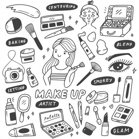 Make up artist equipments in doodle styl... | Premium Vector #Freepik #vector #hand Doodle Style Art, Make Up Doodle, Makeup Doodles, Make Up Drawing, Doodle Artist, Artist Doodle, 심플한 그림, Makeup Stickers, Sketch Note