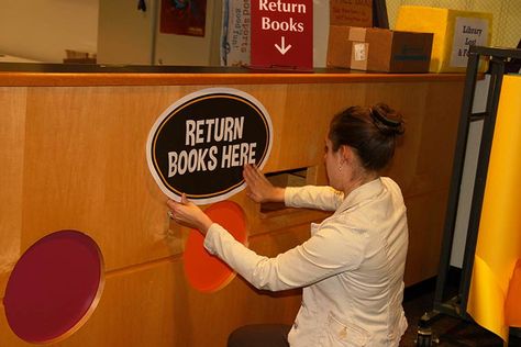 Book Return Sign, Library Walls, Library Makeover, Library Stickers, Book Return, Church Library, Library Signage, Library Space, School Display