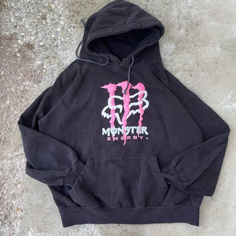 Vintage y2k heavyweight Fox Racing Monster Pink Logo... - Depop Monster Hoodie Pink, Monster Energy Sweatshirt, Fox Racing Hoodie, Vintage Hoodies Aesthetic, Thrift Hoodie, Monster Energy Hoodie, Monster Jacket, Energy Monster, Monster Sweater