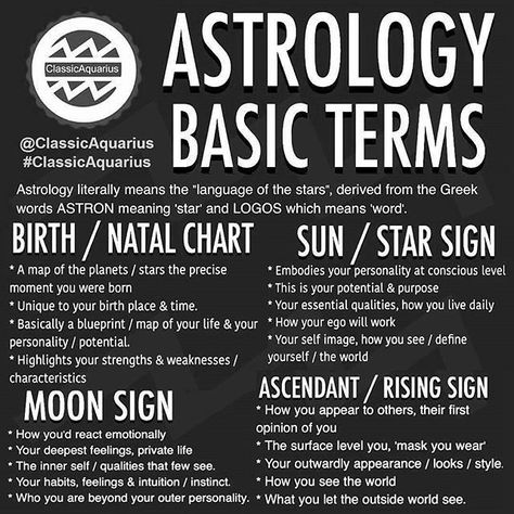 Astrology basic terms for birth or natal chart, star and sun sign, moon sign, ascendant and rising sign #divination #astrology Birth Chart Astrology, Learn Astrology, Astrology Numerology, Zodiac Society, Astrology Chart, Moon Signs, Natal Charts, Greek Words, Birth Chart