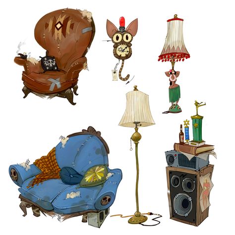 Cartoon furniture Cory Loftis, Concept Art Landscape, Art Steampunk, Props Concept, Environment Props, Bg Design, Props Art, Art Disney, Game Concept Art