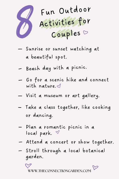 Explore the outdoors with your partner through our 8 Fun Outdoor Activities for Couples. Perfect for those seeking adventure and connection. Check out our blog for these and more engaging, relationship-enriching ideas. #couplestherapy #relationshipadvice #conflictresolution #personalgrowth #selfimprovement #relationshiptools #healthyrelationships #deepconversationstarters #emotionalintimacy #relationshipgrowth #relationshipgoals #Deeperconversationstarters💟#LoveStory #RomanticEncounters #HeartfeltConnections #DateNightIdeas #SoulmateSearch #FlirtyFridays #CandlelitDinners #StarryEyedMoments #LoveQuotes #DreamyDates #WhisperedPromises #AmourAdventures Couples Activity Ideas Relationships, Relationship Exercises For Couples, Summer Couple Activities, Couple Content Ideas, Summer Activities Couples, Summer Activities For Couples, Couples Ideas Activities, Couples Activity Ideas, Couple Ideas Activities