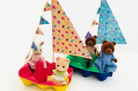 Recycled cork sail boats that actually float | Arts & Crafts | Mas & Pas Cute Milk Carton, Egg Box Craft, Cute Milk, Milk Cartons, Boat Crafts, Egg Carton Crafts, Imaginary Play, Egg Box, Spring Crafts For Kids