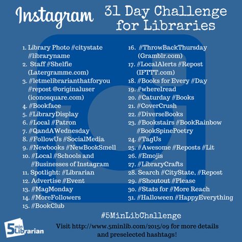 From "5 Minute Librarian" comes this "31 Days of Instagram Challenge" -- Very well thought-out, with ideas, hashtags, tips, and tools. If done in October 2015, there will be other participants. Library Events Ideas, Library Worksheets, Librarian Aesthetic, Public Library Programs, Librarian Ideas, Library Marketing, Passive Programs, Library Programming, Teen Library