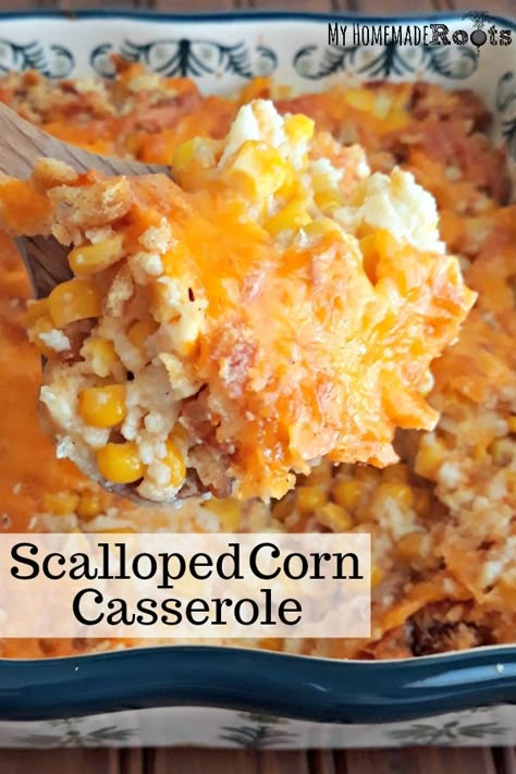 Scalloped Corn Recipes Jiffy, Old Fashioned Scalloped Corn, Corn Hotdish, Sunday Dinner Sides, Side Dishes For Potluck, Hot Side Dishes, Crockpot Corn Casserole, Creamy Cheesy Corn, Corn Casseroles