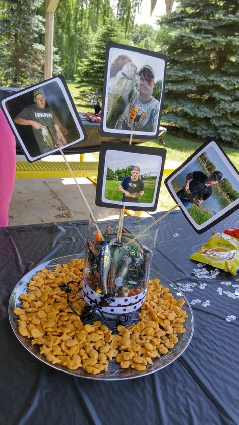 Graduation Party Table Centerpieces, School Centerpieces, Fish Centerpiece, High School Grad Party, Fishing Theme Party, Graduation Table Decorations, Graduation Party Table, Graduation Open House, Senior Graduation Party