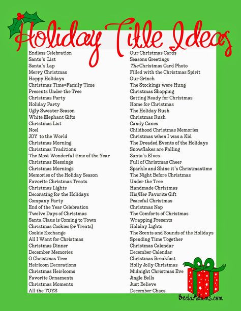 Hi there, I know you're all busy with holiday parties, shopping, and baking this time of year. For Lets Talk Tuesday I thought I'd share a... Page Title Ideas, Christmas Scrapbook Pages, Title Ideas, Christmas Scrapbook Layouts, Holiday Scrapbook, Scrapbook Quotes, Party Names, Christmas Layouts, Scrapbook Titles