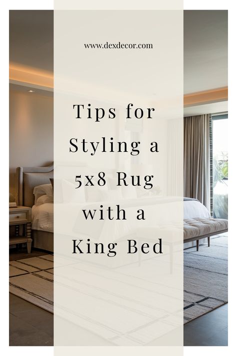 Bedroom with a king bed and a 5x8 rug, showcasing styling tips. Rug Under Super King Size Bed, 7x9 Rug Under King Bed, Overlapping Rugs Bedroom, Best Size Rug For King Size Bed, 8 X 10 Rug Under King Bed, Area Rugs In Bedroom King Bed, How To Style A Rug In A Bedroom, 6x9 Rug Under King Bed, 5x7 Rug Under King Bed