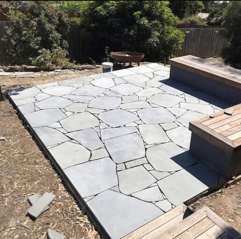 Paving Courtyard Ideas, Crazy Pave Outdoor Area, Laying Crazy Paving, Bluestone Crazy Paving, Crazy Paving Fire Pit, Crazy Stone Paving, Crazy Paving Driveway, Crazy Paving Pathway, Crazy Pave Path