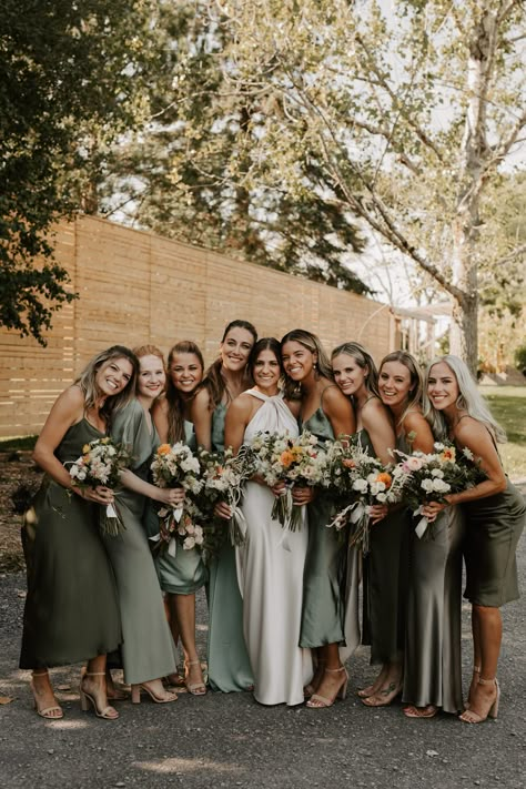 Greenery Bridesmaid Dresses, Bridesmaids In Green Dresses, Safe Wedding Colors, Bridesmaid Sage Dresses, Different Shades Of Sage Bridesmaids, Neutral Wedding Bridesmaid Dress, Different Length Bridesmaid Dresses, Garden Wedding Bridesmaid Dresses Green, Sage And Forest Green Bridesmaid Dresses