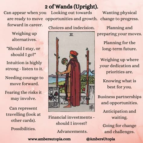 The meanings of the Two of Wands from the tarot deck. These tarot card meanings can apply to general, financial, love, and relationship questions as these are the most common and popular meanings associated with the 2 of wands. 

Wands represent passion, energy, and actions, and the 2 of wands represents duality and decisions.

#2ofwands #Twoofwands #tarotcardmeanings #tarot #tarotcards #tarotmeanings Suit Of Wands Tarot, 2 Of Wands, Suit Of Wands, Two Of Wands, Tarot Guidebook, Tarot Reading Spreads, Free Tarot Cards, Tarot Interpretation, Court Cards