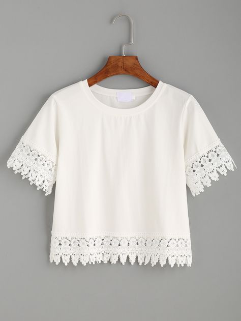 Shop White Crochet Trim Crop T-shirt online. SheIn offers White Crochet Trim Crop T-shirt & more to fit your fashionable needs. Assembly Ideas, Lace T Shirt, Umgestaltete Shirts, Cropped Tees, Embellished Crop Top, Cropped White Tee, White Short Sleeve Shirt, T Shirts White, Lace Tee