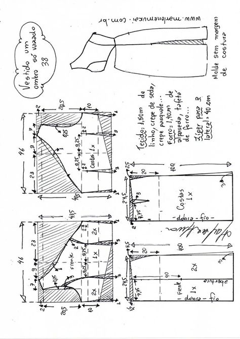 Vestido longo um ombro vazado com abertura | Marlene Mukai Designer Clothing Patterns, Diy Clothes Patterns, Fashion Design Classes, Long Dress Patterns, Dress Patterns Diy, Plus Size Sewing Patterns, Plus Size Sewing, Sewing Clothes Women, Wedding Dress Patterns