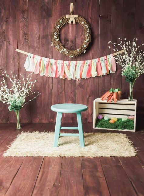 Diy Easter Pictures Kids, Easter Birthday Photoshoot, Easter Backdrops Diy Mini Sessions, Spring Photo Props, Spring Easter Photoshoot Ideas, Easter Bunny Backdrop Ideas, Diy Easter Photoshoot Kids, Indoor Easter Photography Mini Sessions, Easter Set Up Photography