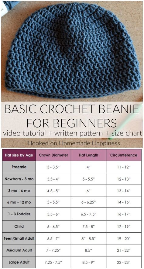 How to Crochet a Basic Beanie for Beginners | Hooked on Homemade Happiness Crochet Bonnet Size Chart, Size Chart For Crochet Beanies, Crochet Increase Chart, Crochet Patterns Hats Free Easy, Magic Circle Hat Pattern, Melanie Hamm Crochet, Crochet Baby Hat For Beginners, Magic Circle Crochet Hat Pattern, Crochet Hat In The Round Pattern