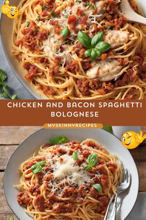 Add a flavorful twist to your dinner routine with our Chicken and Bacon Spaghetti Bolognese! 🍝🥓 This delicious recipe combines savory bacon, lean ground chicken, and aromatic herbs for a comforting and satisfying meal. Perfect for busy weeknights or family dinners, it's sure to become a new favorite at your table. Try it tonight and enjoy the irresistible flavors! #SpaghettiBolognese #ChickenBacon #ComfortFood 🍽️ #myskinnyrecipes Chicken Bacon Spaghetti, Bacon Spaghetti, Savory Bacon, Spicy Peanut Noodles, Broccoli Pasta Bake, Ramen Stir Fry, Chicken And Bacon, Ground Chicken Recipes, Peanut Noodles