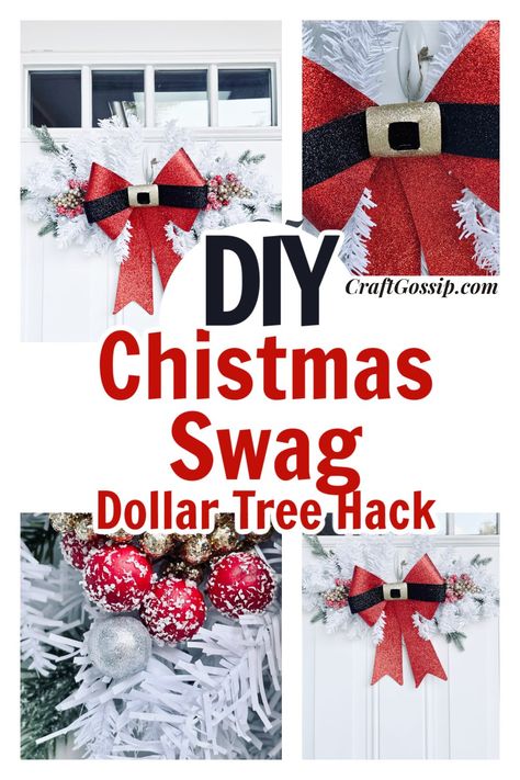 Dollar Tree Hack – White Christmas Swag — CraftBits.com Dollar Tree White Christmas Tree Ideas, Diy Christmas Wreaths Ideas Dollar Tree, Dollar Tree Christmas Tree Swag, Dollar Tree Swag, Diy Christmas Swag How To Make, Christmas Swags Ideas Diy, Dollar Tree Christmas Diy Decorations, Dollar Store Christmas Tree, Christmas Swags Ideas