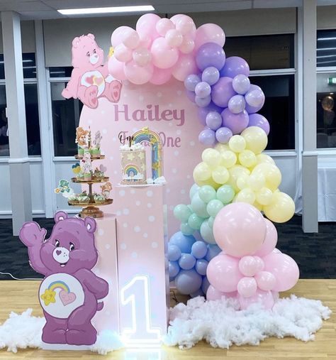 Care Bears Birthday Theme, Care Bear Birthday Decorations, Care Bear Centerpieces Birthday Parties, Care Bear Balloon Garland, Care Bear Baby Shower Theme Girl, Care Bears Theme Party First Birthdays, Carebear First Birthday Party, Care Bare Birthday Party Ideas, Carebear Themed Birthday Party