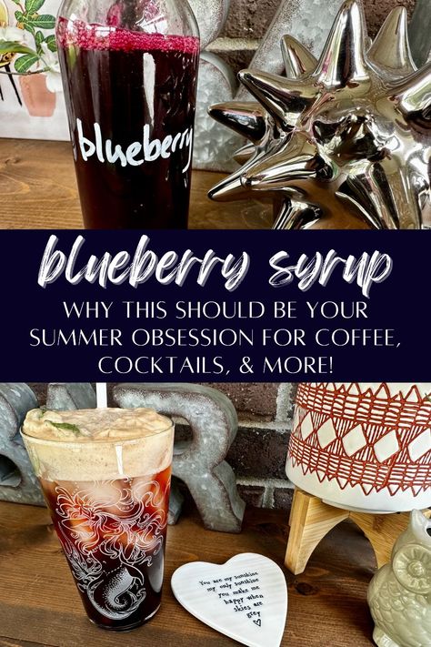 Easy Blueberry Simple Syrup | This blueberry simple syrup is super easy to make, and great in cocktails, iced coffee, and even on pancakes! A quick, fresh blueberry syrup recipe that you can whip up in just a few minutes and keep on hand for all your fruit syrup needs. Blueberry coffee syrup recipe (like for a blueberry espresso tonic). Make with fresh or frozen blueberries. #blueberries #simplesyrup Blueberry Coffee Syrup Recipe, Blueberry Honey Syrup, Blueberry Liqueur Recipe, Blueberry Latte Syrup, Blueberry Maple Syrup, Blueberry Coffee Syrup, Blueberry Syrup For Coffee, Blueberry Simple Syrup Recipe, Coffee Syrups Recipes