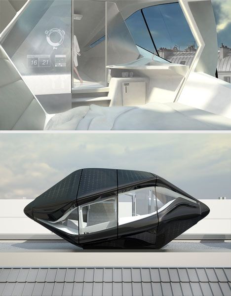 Futuristic Rooftop Living Room in a Compact Prefab Capsule Rooftop Living Room, Architecture Futuristic, Furniture Design Architecture, Futuristic Furniture Design, Interior Design Minimalist, Futuristic Home, Living Roofs, Futuristic Furniture, Best Solar Panels