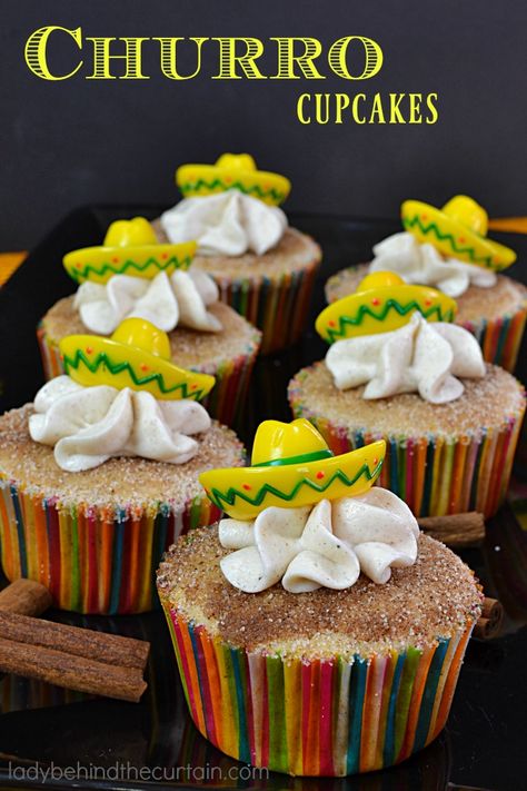 Churro Cupcakes | Transform your favorite cinnamin treat into a cupcake! Churro Cupcakes, Mexican Birthday Parties, Fiesta Birthday Party, Mexican Birthday, Oreo Cupcakes, Gateaux Cake, Cinnamon Flavor, Fiesta Party, Easy Cake