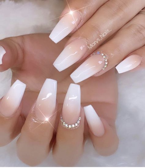 Short Ombre Nails With Design, Ombre Nails With French Tip, Short French Tip Acrylic Nails With Design, French Tip Ombre Nails, French Nails With Rhinestones, Wedding Nails Coffin, French Tip With Rhinestones, Ombre Nails With Rhinestones, French Tip With Glitter